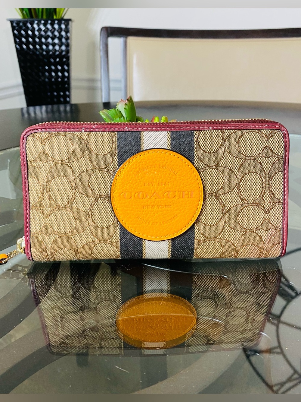 Coach Signature Canvas Zip-Around Wallet in Khaki with Yellow Accent
